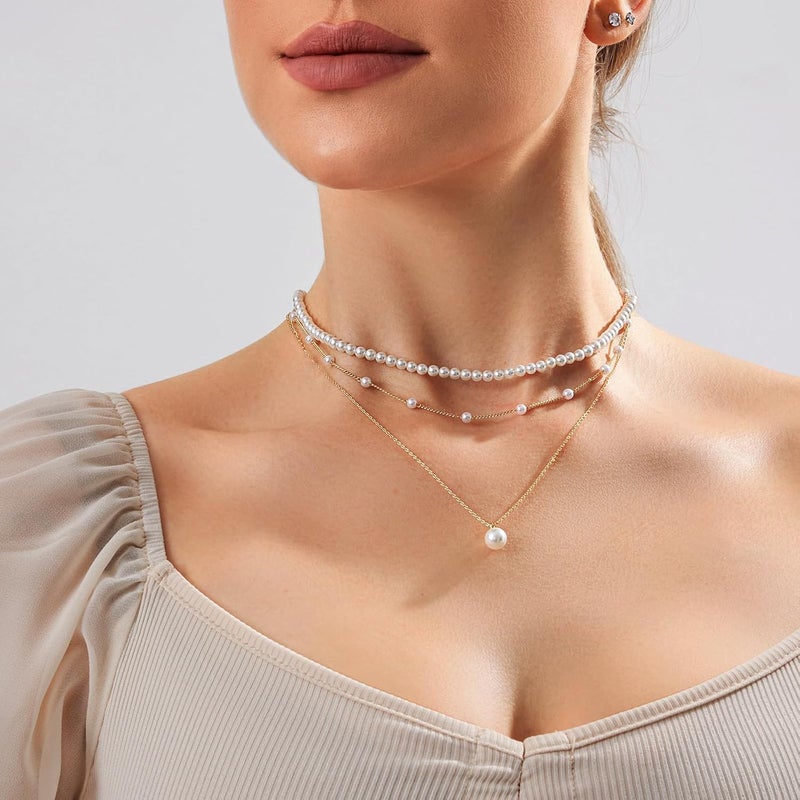 Zeffy Gold Pearl Necklace for Women, Dainty 14K Gold/Silve Plated Layered Pearl Choker Pearl Earrings Pearl Bracelets Wedding Trendy Gold Jewelry Set for Women Gifts - Image 3